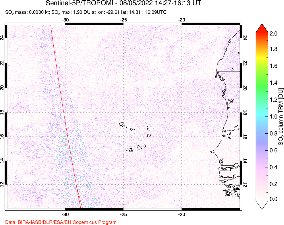 A sulfur dioxide image over Cape Verde Islands on Aug 05, 2022.