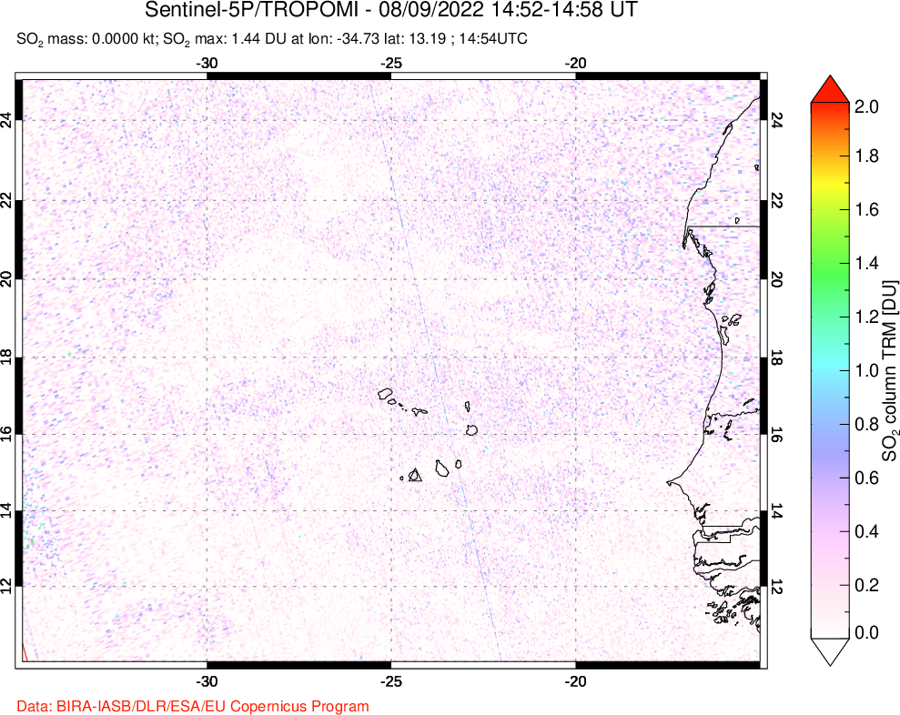 A sulfur dioxide image over Cape Verde Islands on Aug 09, 2022.