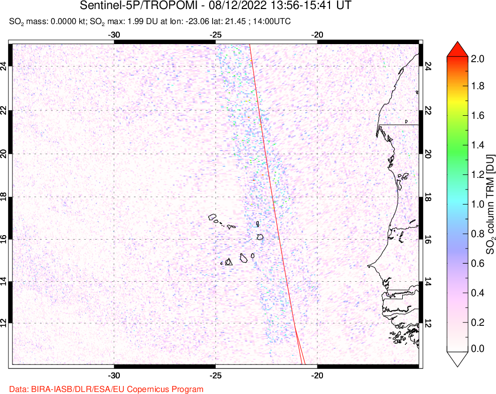 A sulfur dioxide image over Cape Verde Islands on Aug 12, 2022.