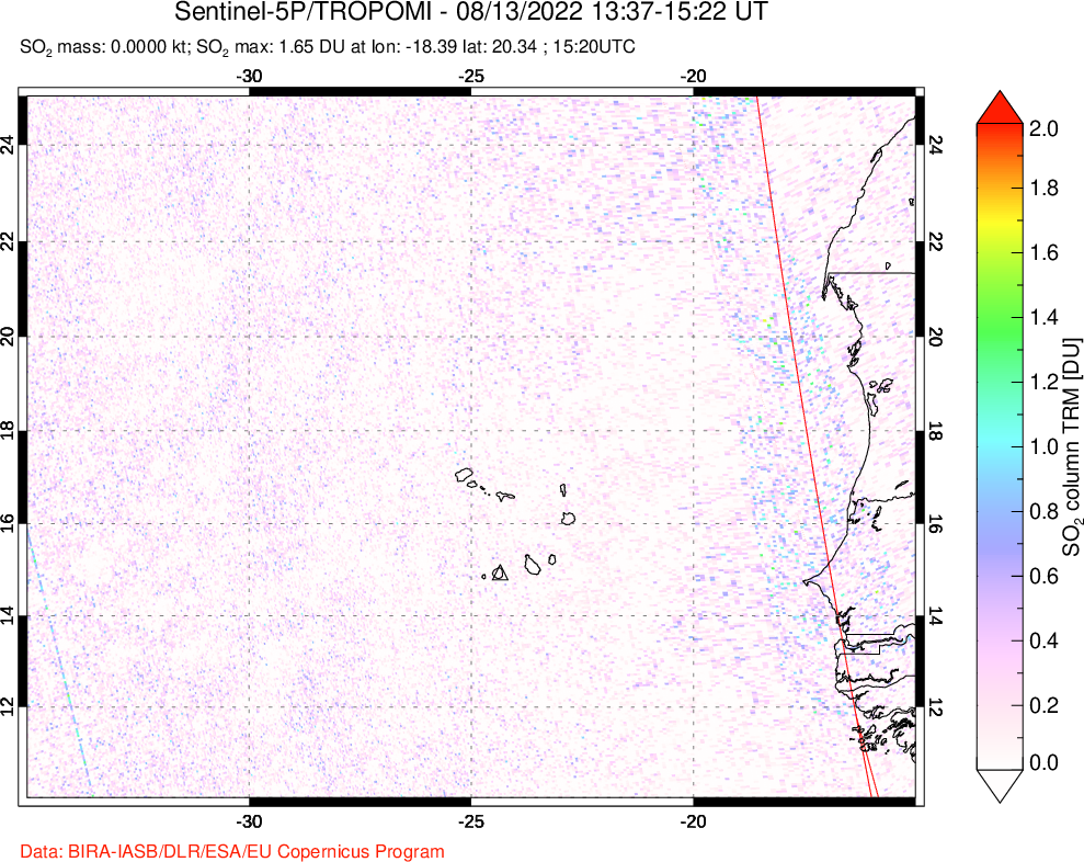 A sulfur dioxide image over Cape Verde Islands on Aug 13, 2022.