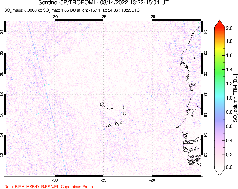 A sulfur dioxide image over Cape Verde Islands on Aug 14, 2022.