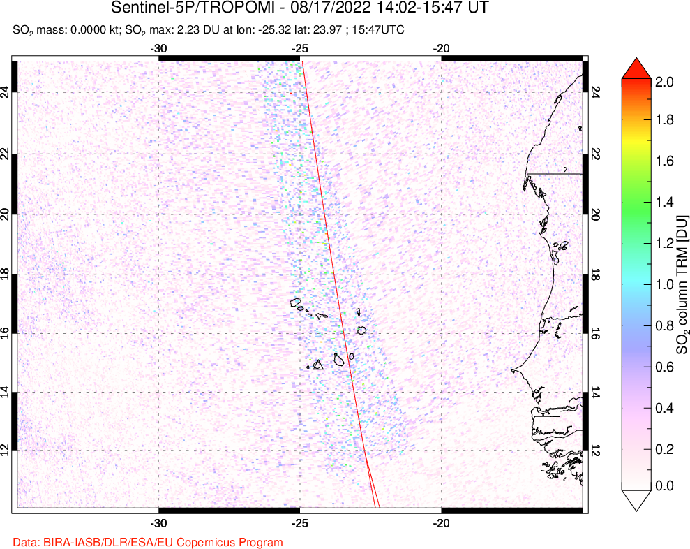 A sulfur dioxide image over Cape Verde Islands on Aug 17, 2022.