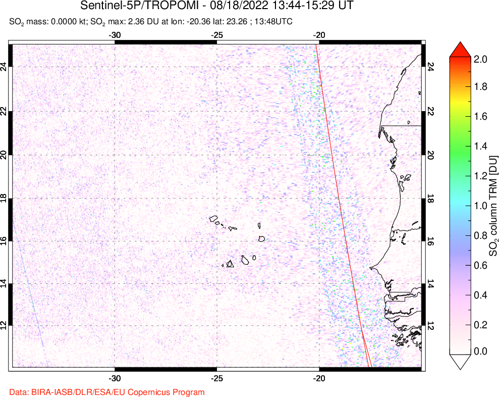 A sulfur dioxide image over Cape Verde Islands on Aug 18, 2022.