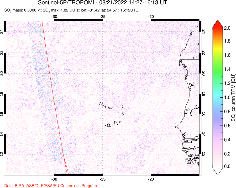 A sulfur dioxide image over Cape Verde Islands on Aug 21, 2022.