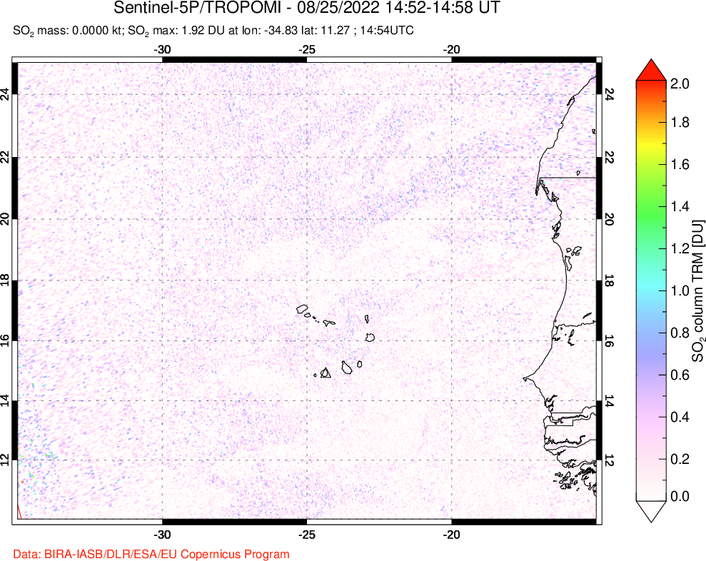 A sulfur dioxide image over Cape Verde Islands on Aug 25, 2022.