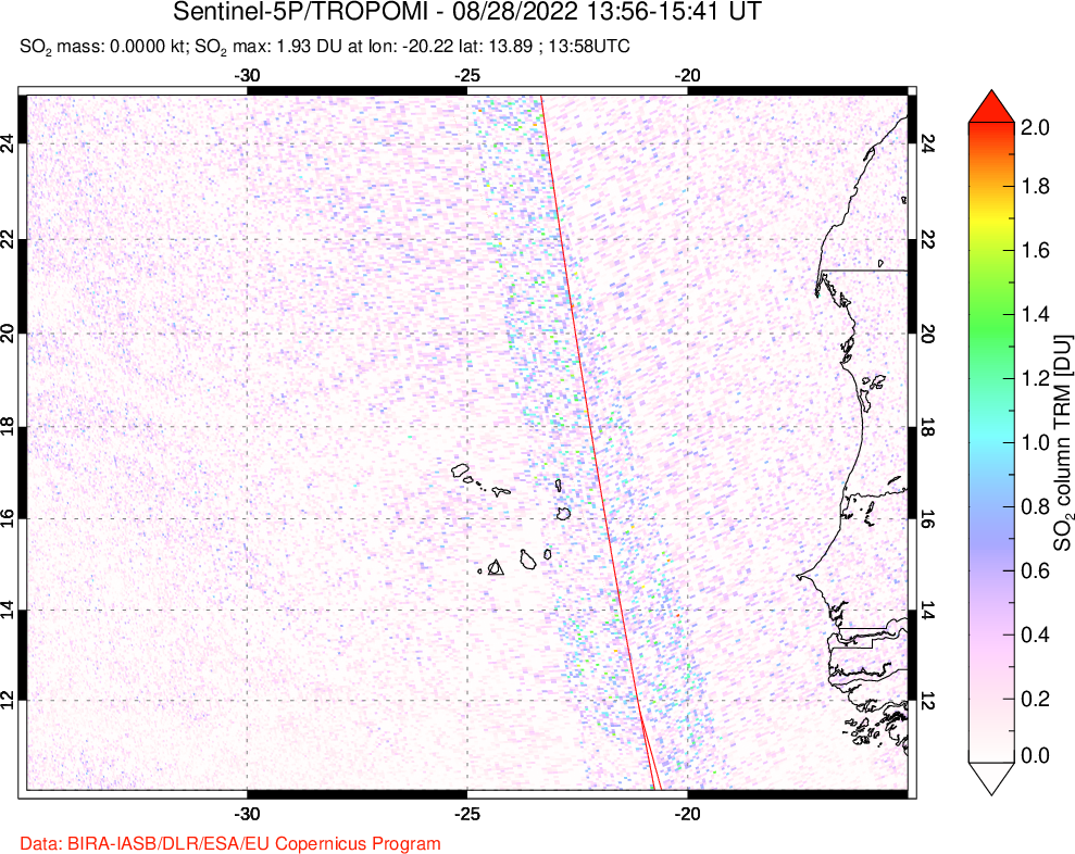 A sulfur dioxide image over Cape Verde Islands on Aug 28, 2022.