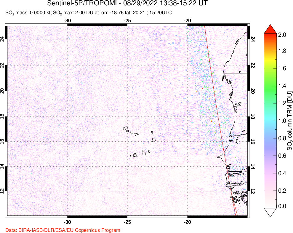 A sulfur dioxide image over Cape Verde Islands on Aug 29, 2022.