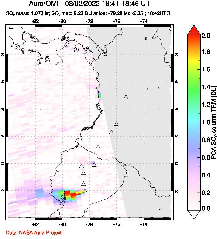 A sulfur dioxide image over Ecuador on Aug 02, 2022.