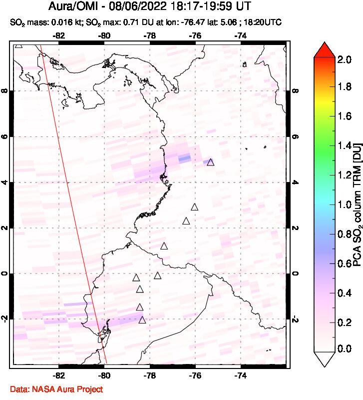 A sulfur dioxide image over Ecuador on Aug 06, 2022.