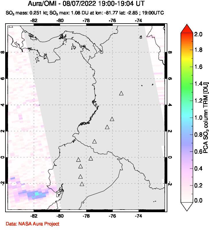 A sulfur dioxide image over Ecuador on Aug 07, 2022.