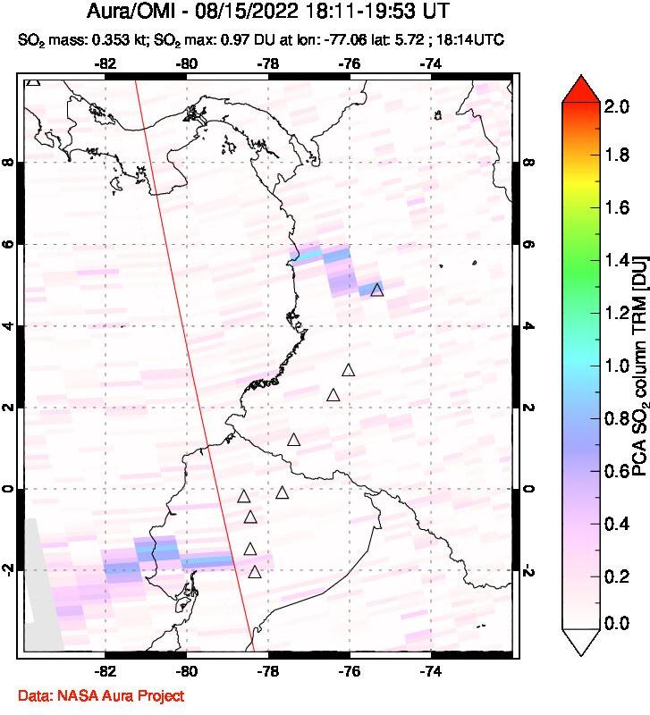 A sulfur dioxide image over Ecuador on Aug 15, 2022.