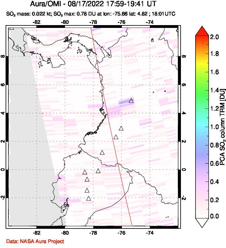 A sulfur dioxide image over Ecuador on Aug 17, 2022.