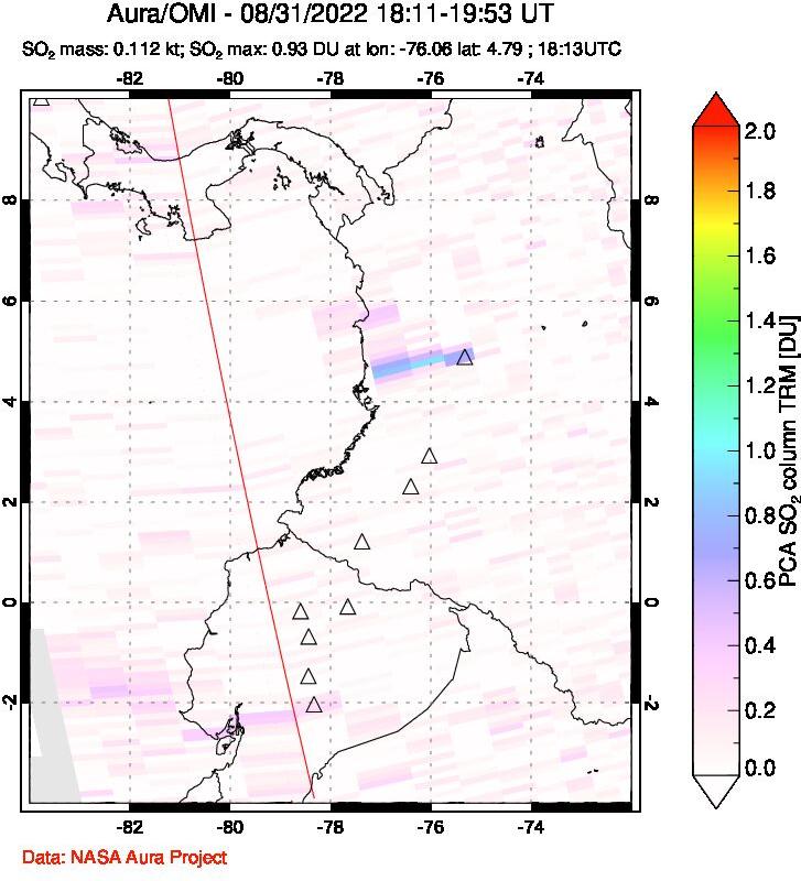 A sulfur dioxide image over Ecuador on Aug 31, 2022.