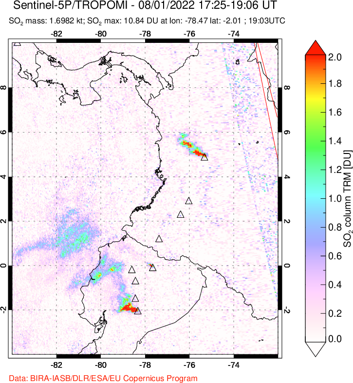 A sulfur dioxide image over Ecuador on Aug 01, 2022.