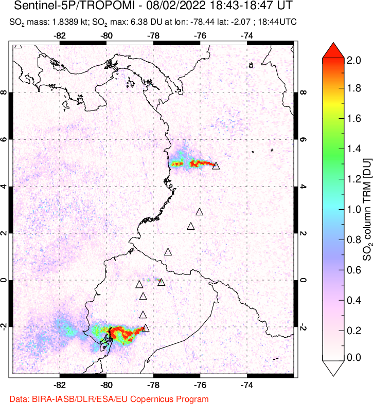 A sulfur dioxide image over Ecuador on Aug 02, 2022.