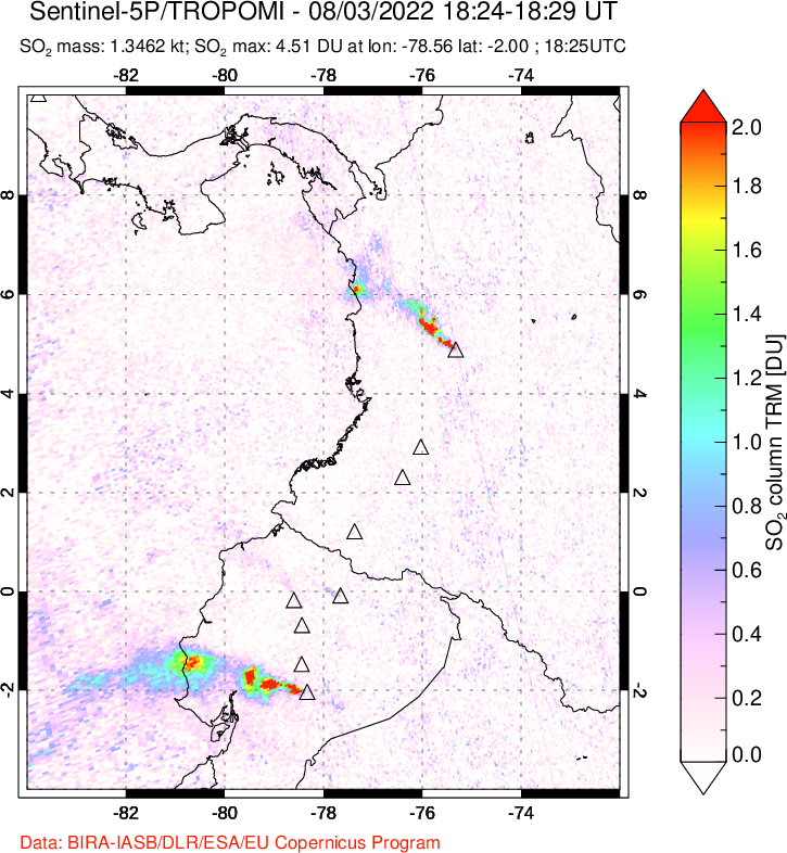 A sulfur dioxide image over Ecuador on Aug 03, 2022.