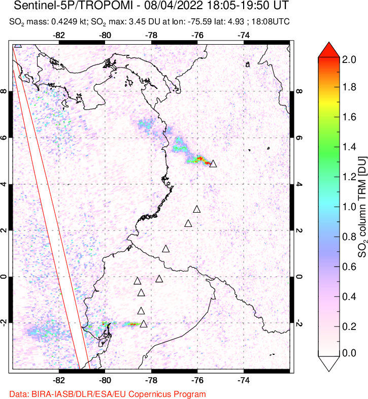A sulfur dioxide image over Ecuador on Aug 04, 2022.