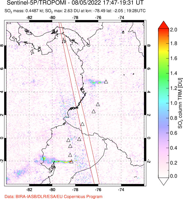A sulfur dioxide image over Ecuador on Aug 05, 2022.