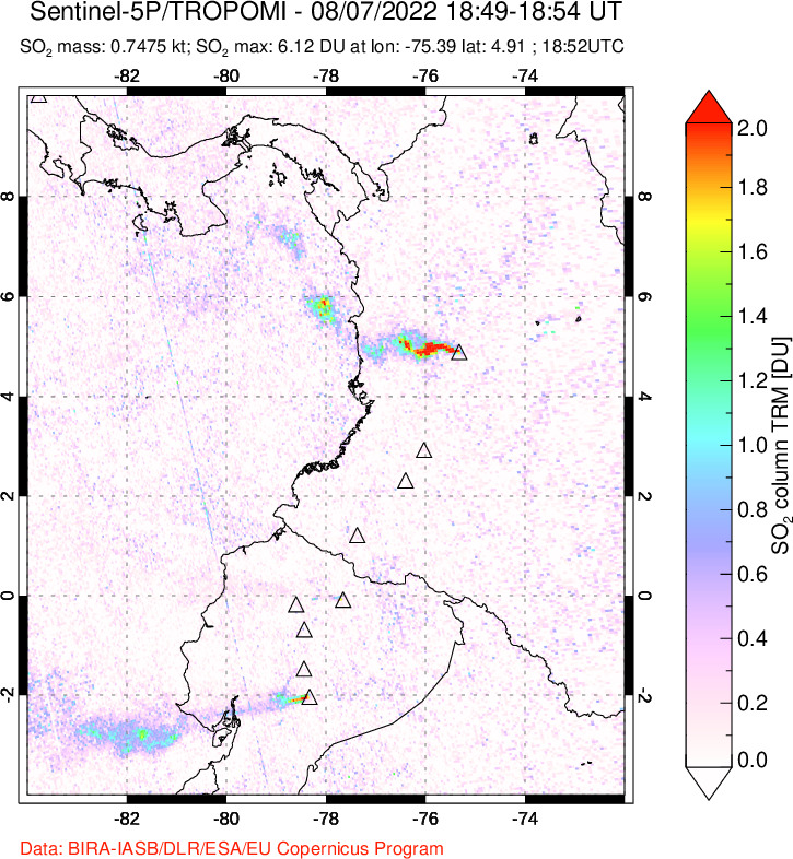 A sulfur dioxide image over Ecuador on Aug 07, 2022.