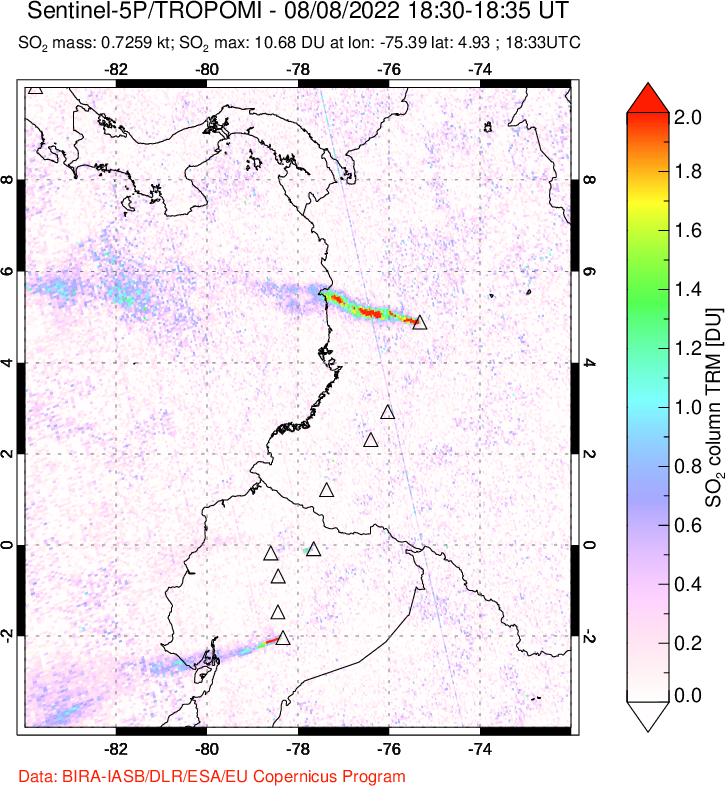 A sulfur dioxide image over Ecuador on Aug 08, 2022.