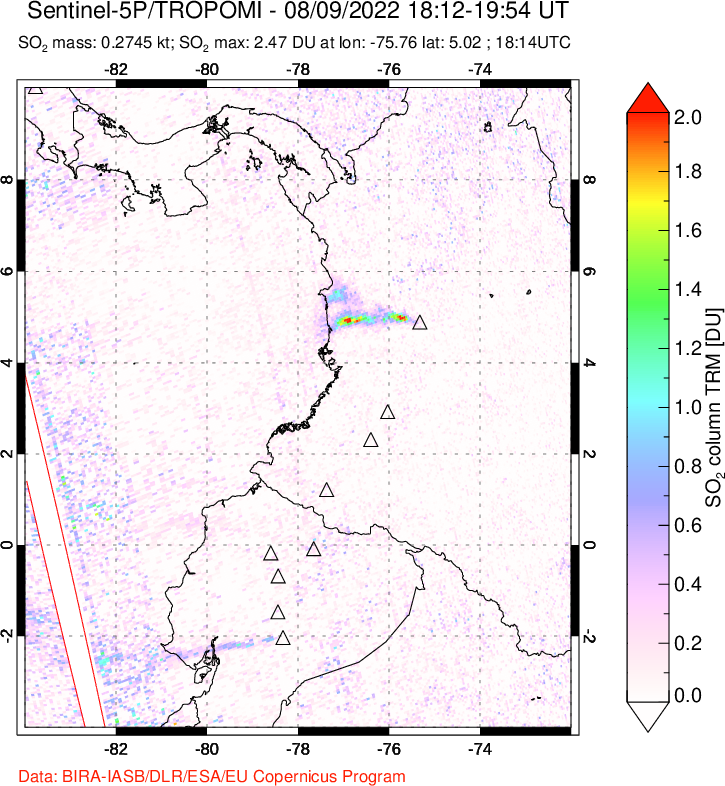 A sulfur dioxide image over Ecuador on Aug 09, 2022.