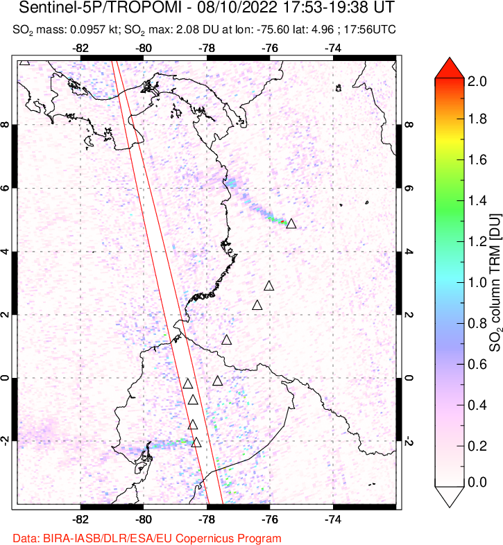A sulfur dioxide image over Ecuador on Aug 10, 2022.