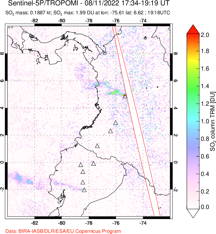 A sulfur dioxide image over Ecuador on Aug 11, 2022.