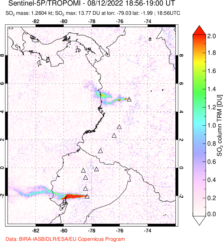 A sulfur dioxide image over Ecuador on Aug 12, 2022.