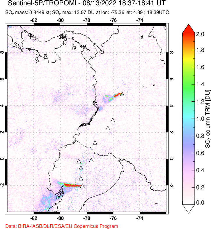 A sulfur dioxide image over Ecuador on Aug 13, 2022.