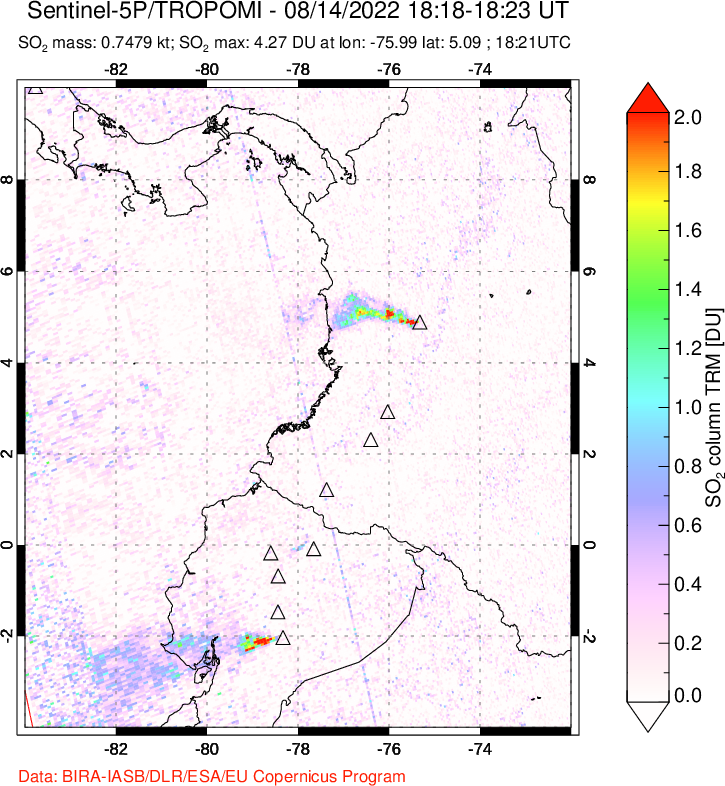 A sulfur dioxide image over Ecuador on Aug 14, 2022.