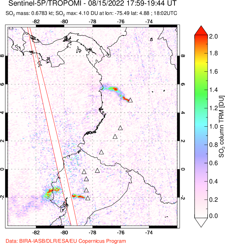 A sulfur dioxide image over Ecuador on Aug 15, 2022.