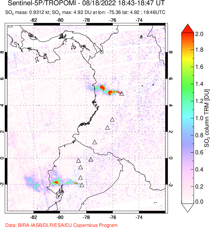 A sulfur dioxide image over Ecuador on Aug 18, 2022.