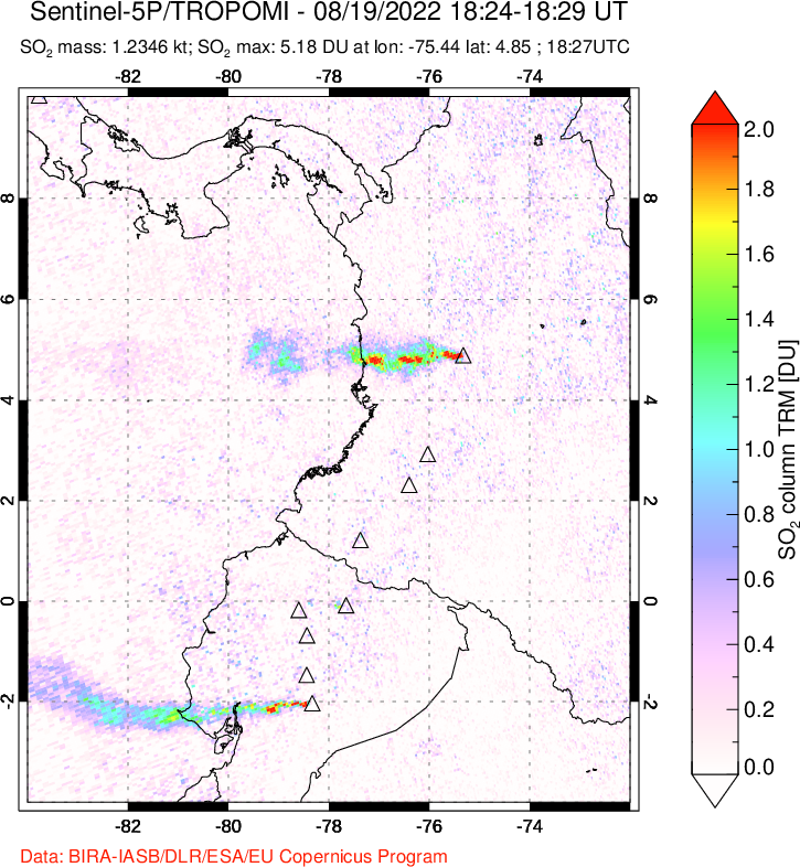 A sulfur dioxide image over Ecuador on Aug 19, 2022.