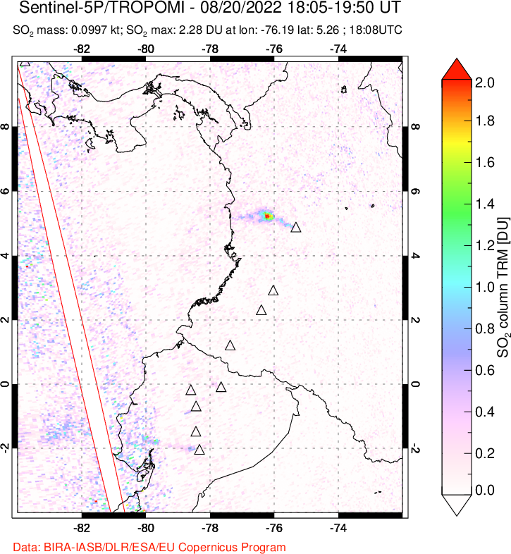 A sulfur dioxide image over Ecuador on Aug 20, 2022.