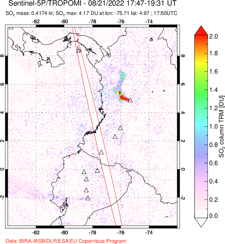 A sulfur dioxide image over Ecuador on Aug 21, 2022.