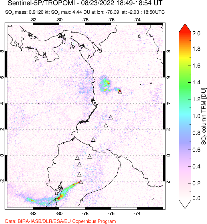 A sulfur dioxide image over Ecuador on Aug 23, 2022.