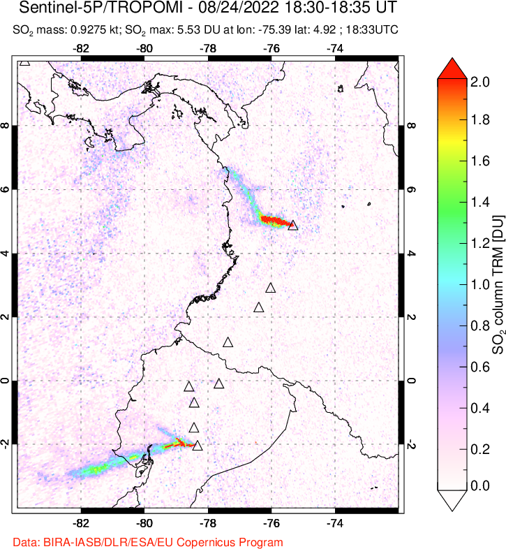 A sulfur dioxide image over Ecuador on Aug 24, 2022.