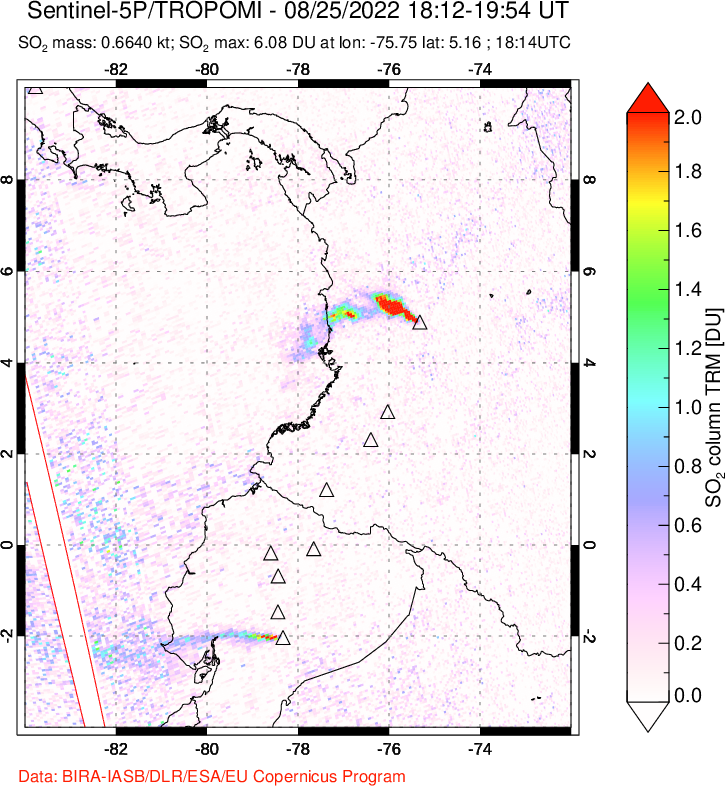 A sulfur dioxide image over Ecuador on Aug 25, 2022.