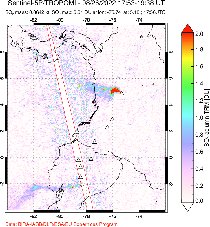 A sulfur dioxide image over Ecuador on Aug 26, 2022.