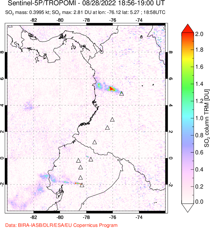 A sulfur dioxide image over Ecuador on Aug 28, 2022.