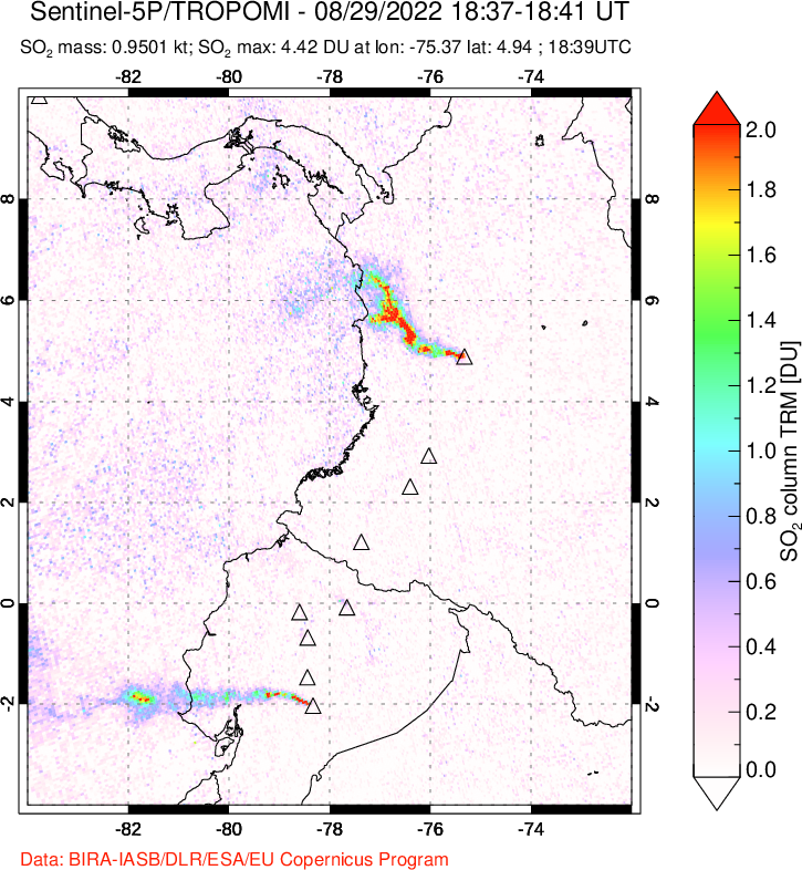 A sulfur dioxide image over Ecuador on Aug 29, 2022.