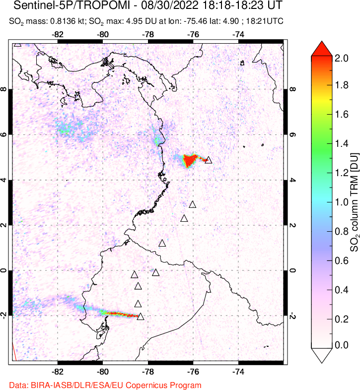 A sulfur dioxide image over Ecuador on Aug 30, 2022.