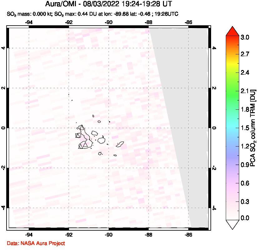 A sulfur dioxide image over Galápagos Islands on Aug 03, 2022.
