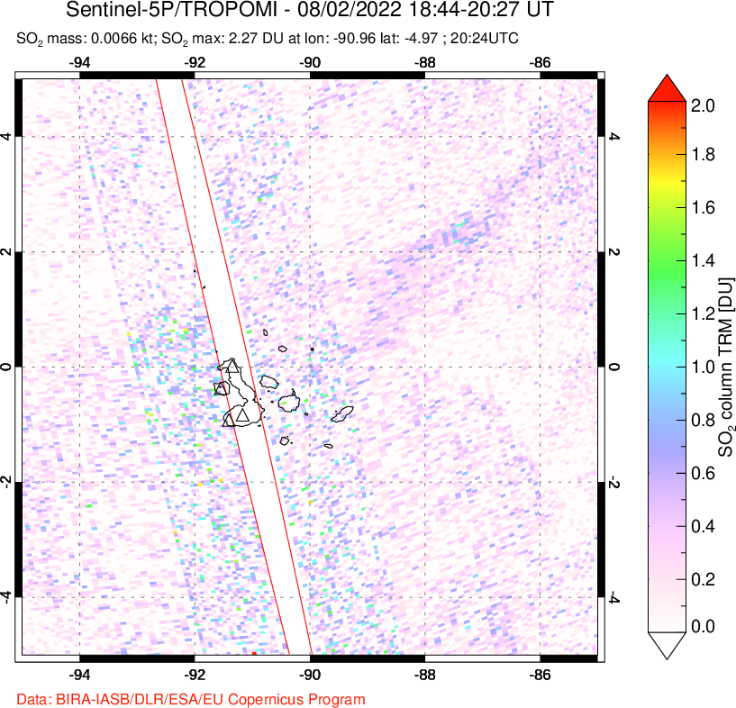 A sulfur dioxide image over Galápagos Islands on Aug 02, 2022.