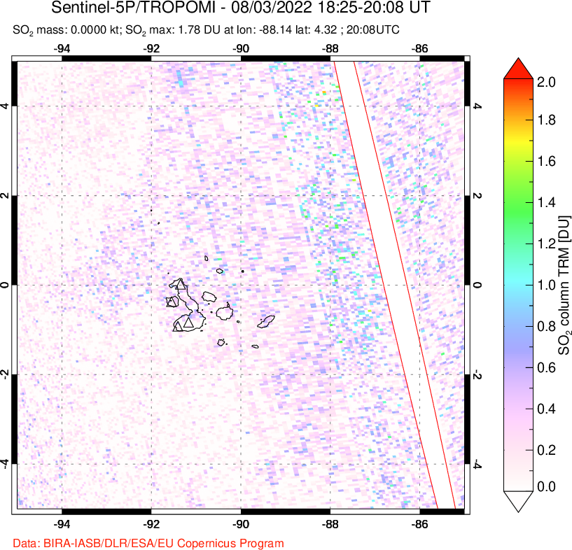 A sulfur dioxide image over Galápagos Islands on Aug 03, 2022.