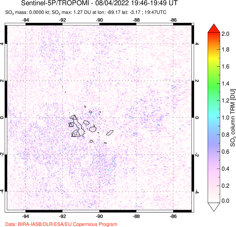 A sulfur dioxide image over Galápagos Islands on Aug 04, 2022.