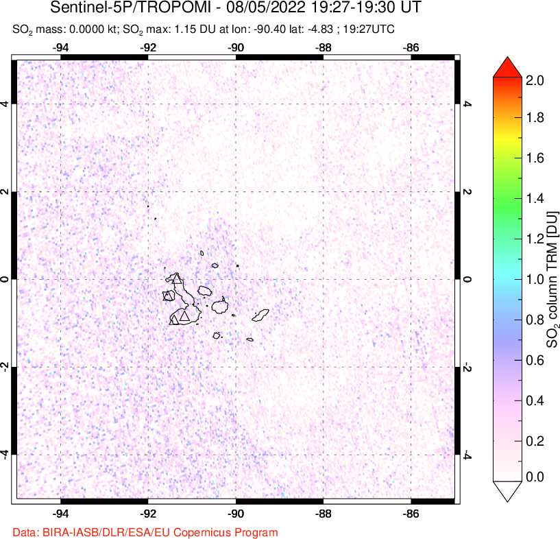 A sulfur dioxide image over Galápagos Islands on Aug 05, 2022.