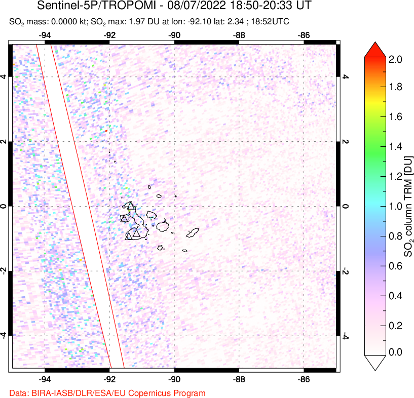 A sulfur dioxide image over Galápagos Islands on Aug 07, 2022.