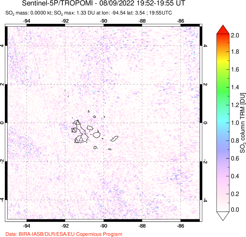 A sulfur dioxide image over Galápagos Islands on Aug 09, 2022.