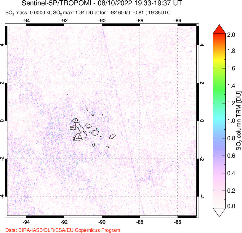 A sulfur dioxide image over Galápagos Islands on Aug 10, 2022.
